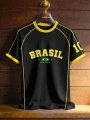 Black Brazil style soccer jersey graphic t-shirt with number 10 print, unisex short sleeve