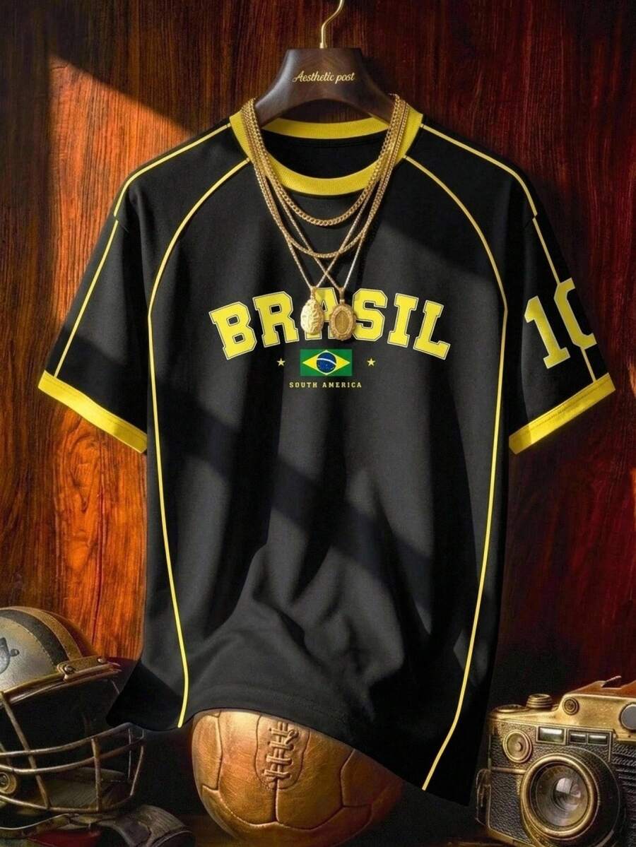 Brazil Style Soccer Jersey in Black – #10 Graphic T-Shirt, Short Sleeve Football Tee for Men & Women