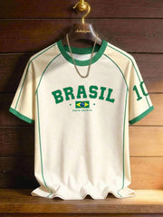 Brazil Style Soccer Jersey in Beige White – #10 Graphic T-Shirt, Short Sleeve Football Tee for Men & Women