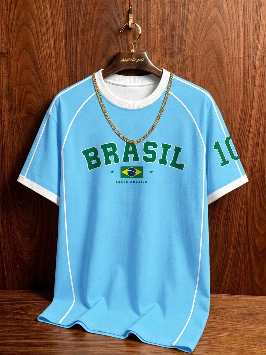Brazil Style Soccer Jersey in Blue – #10 Graphic T-Shirt, Short Sleeve Football Tee for Men & Women
