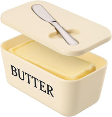 Large BPA-free butter dish with stainless steel knife and lid on kitchen countertop
