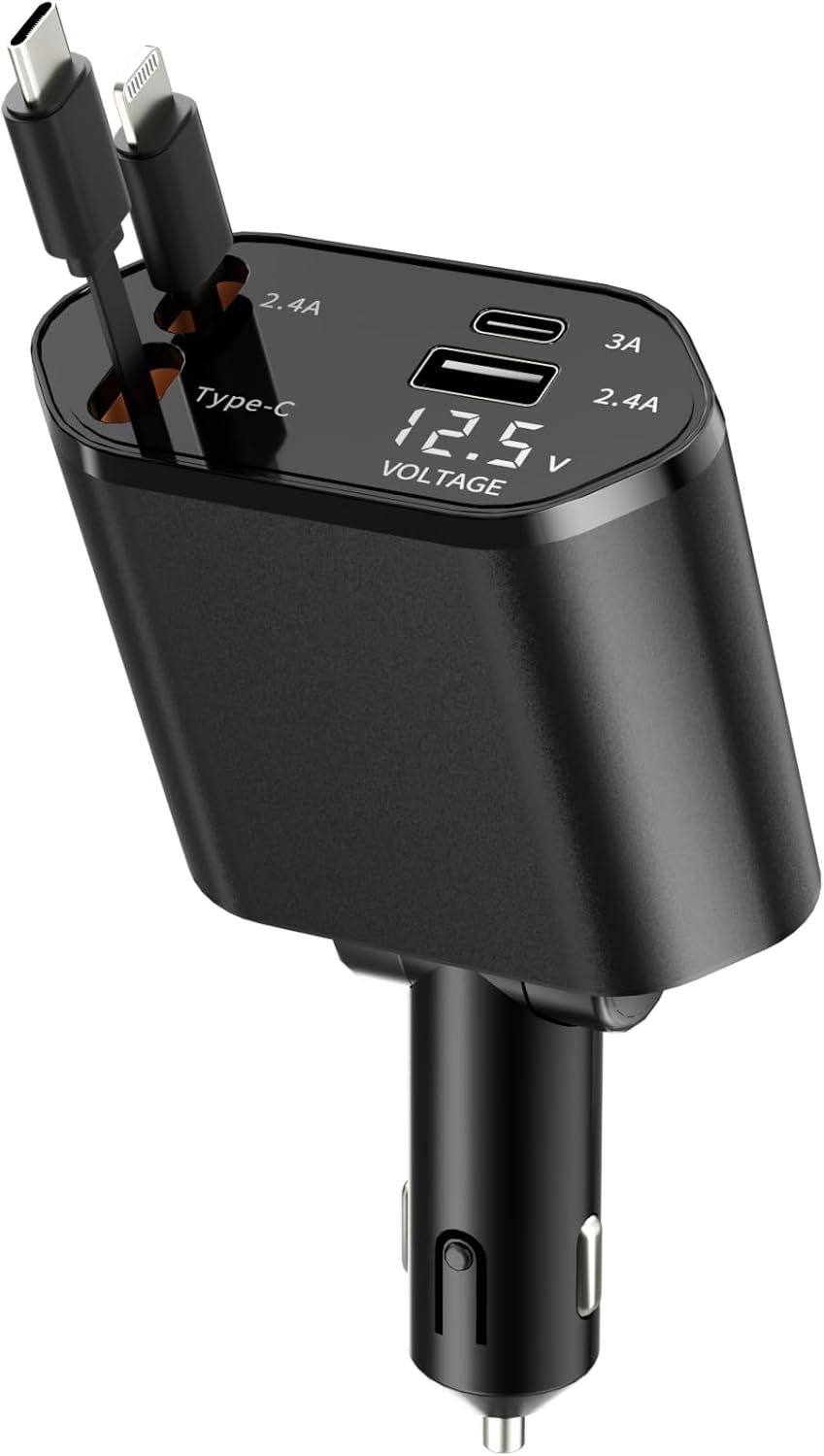 4-in-1 Retractable Car Charger 4.8A Fast Charging with Safety Protection