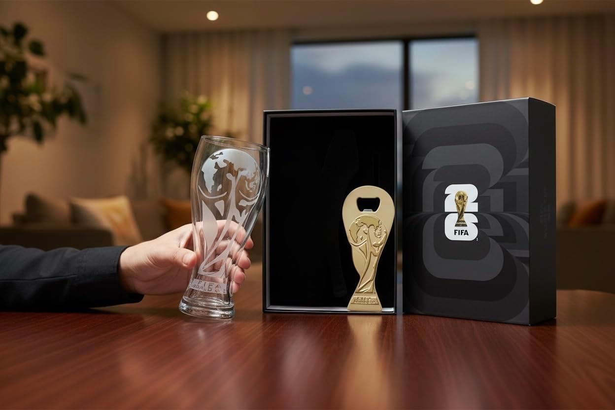 World Cup 2026 Soccer Trophy Beer Glass & Bottle Opener Gift Set – Football Fan Collectible