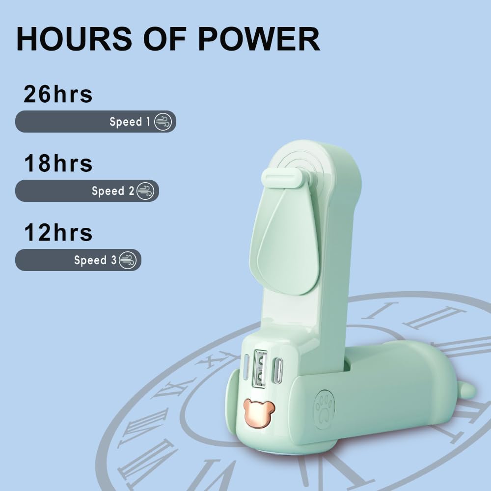 Portable Mini Fan with 26H Battery – 3-in-1 Handheld Fan, Power Bank & Flashlight | USB-C Fast Charging