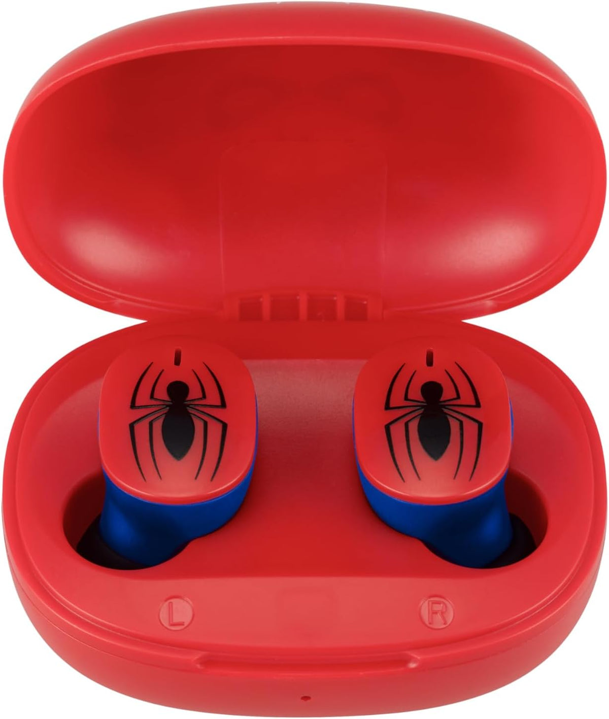 Red and blue superhero wireless Bluetooth earbuds with mic and charging case for kids and adults