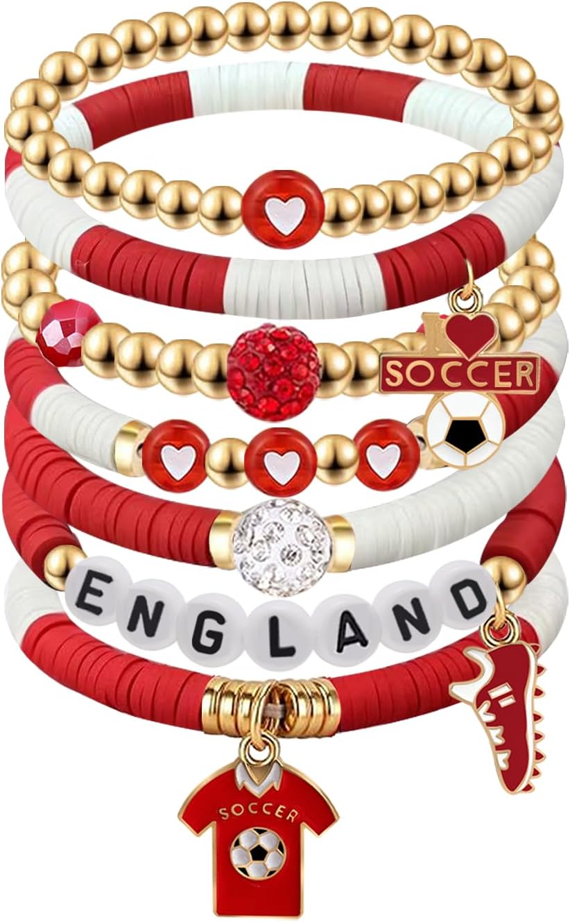2026 England Soccer Bracelet Set – 8 Piece Stackable Beaded Bracelets with Football Charms, English Flag Colors & Fan Accents | World Cup England Fan Gift