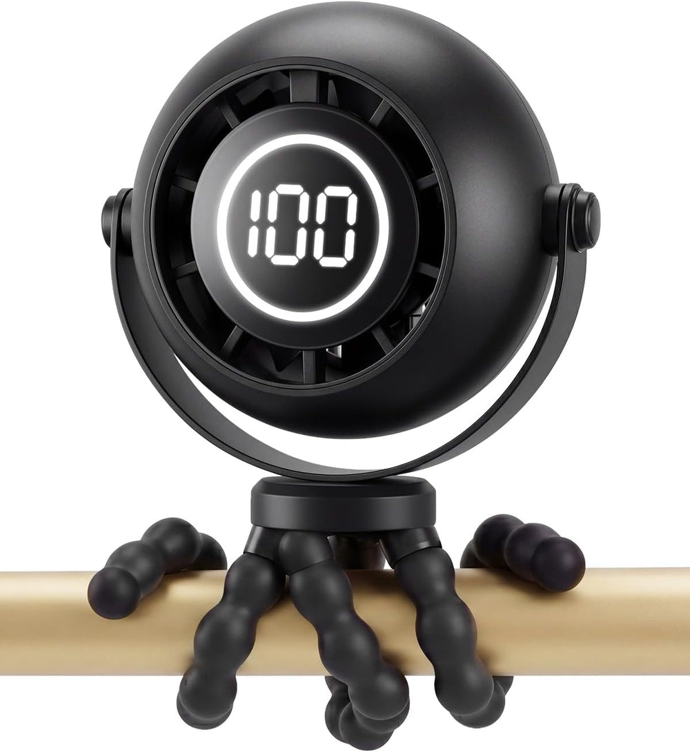 Black bladeless baby stroller fan with clip-on silicone grip and LED display for safe baby cooling