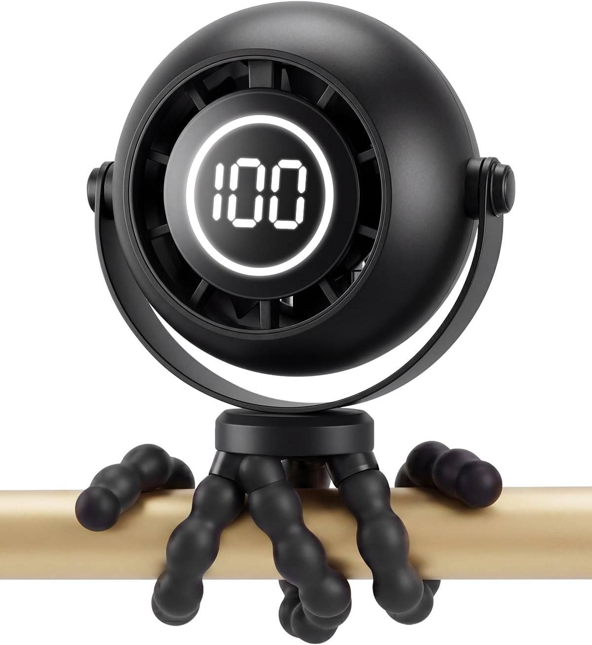 Black bladeless baby stroller fan with clip-on silicone grip and LED display for safe baby cooling