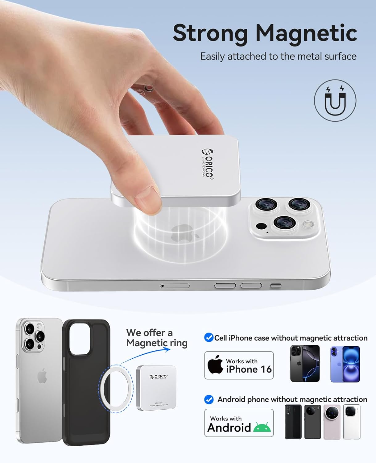 ORICO 1TB Magnetic External SSD – 2000MB/s Portable Drive for iPhone 17 & 16 Pro Max