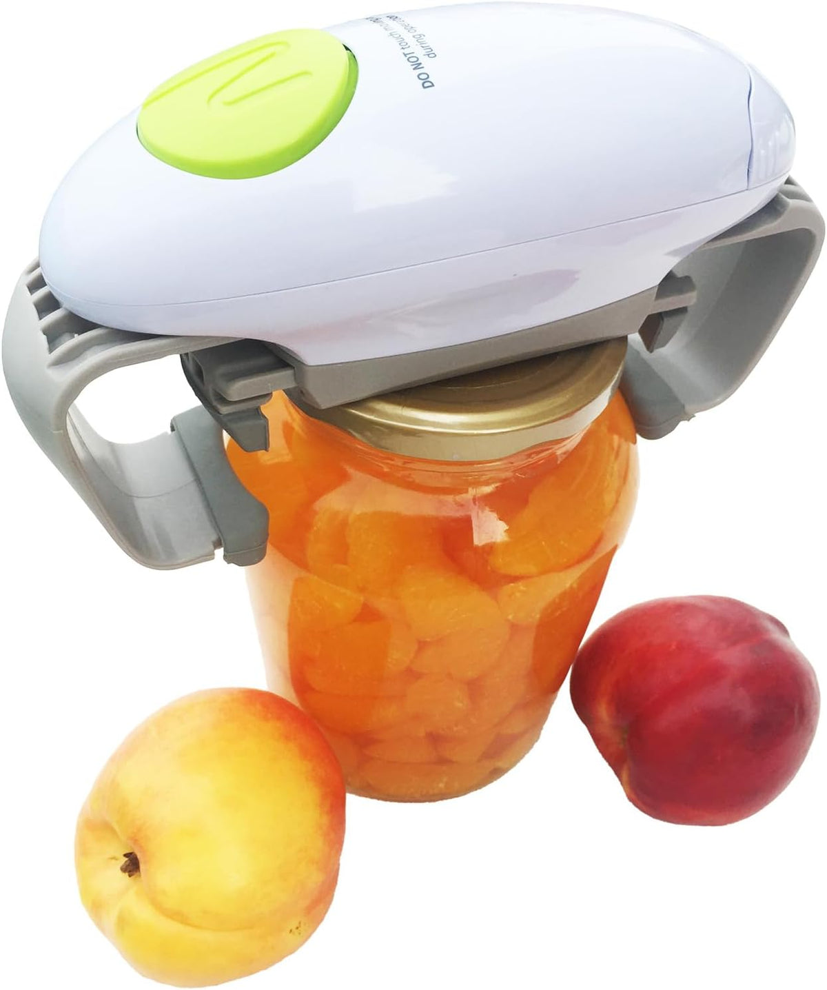 White electric automatic jar opener opening a glass jar lid hands-free for seniors
