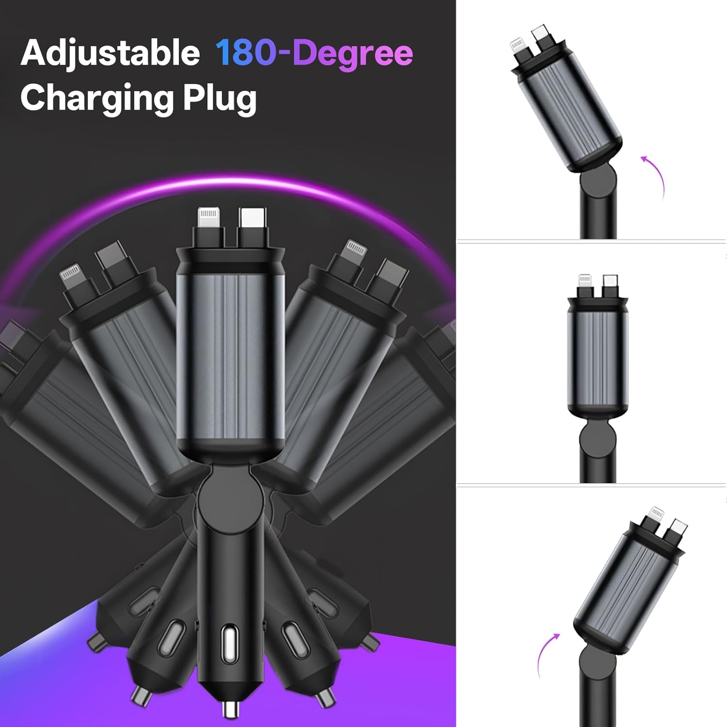 4-in-1 Retractable Car Charger 66W Fast Charging with Starry Sky Light