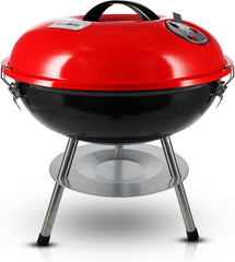 Red Gas One portable charcoal grill with warming rack and locking lid for camping, backyard and outdoor BBQ