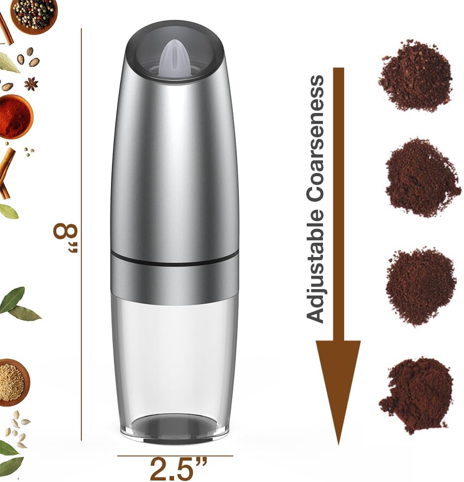 Electric Salt & Pepper Grinder Set – Gravity Sensor Auto Mill with Blue LED Light | Adjustable Coarseness & Large Capacity