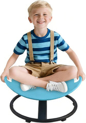 Child sitting and spinning on 360 degree sensory swivel chair with safety handle for autism and ADHD play
