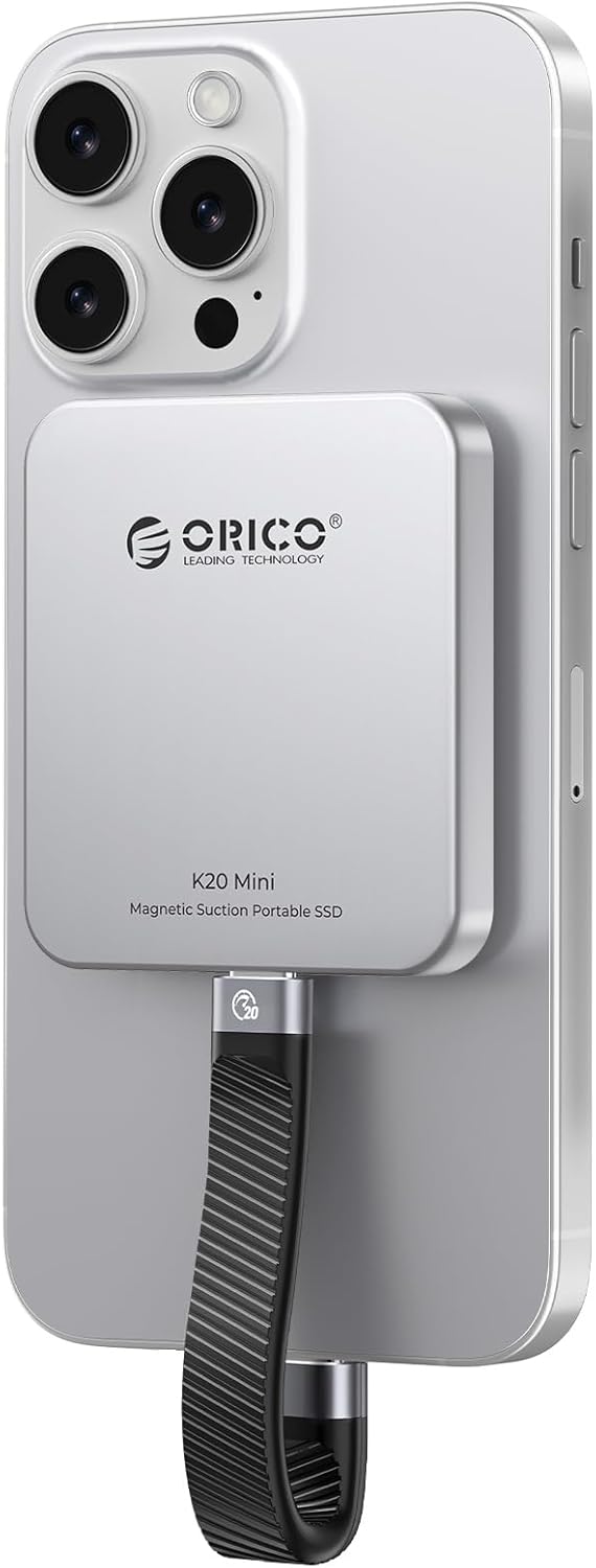 ORICO K20MINI 1TB magnetic external SSD attached to an iPhone for 4K ProRes recording