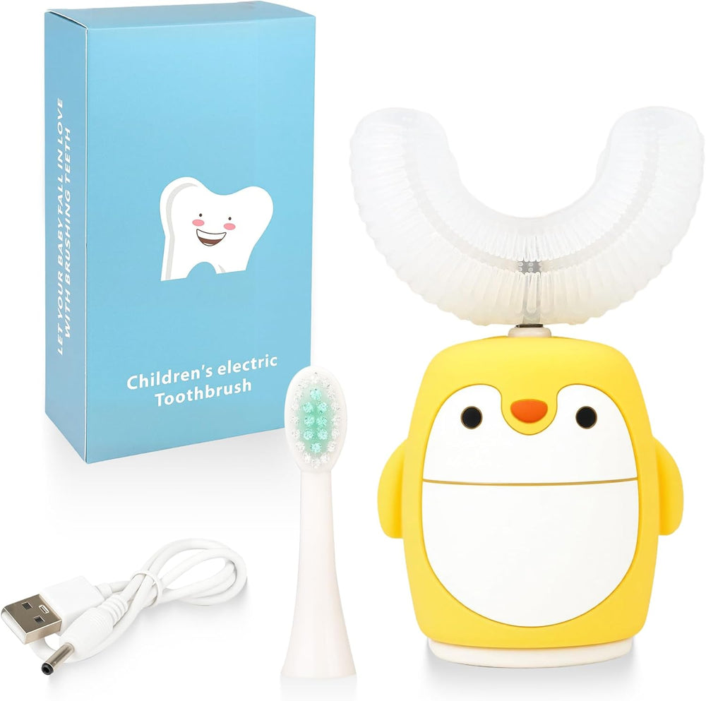Yellow penguin kids sonic electric U-shaped toothbrush, waterproof 360 degree toddler toothbrush with 5 modes and timer for ages 2 to 7