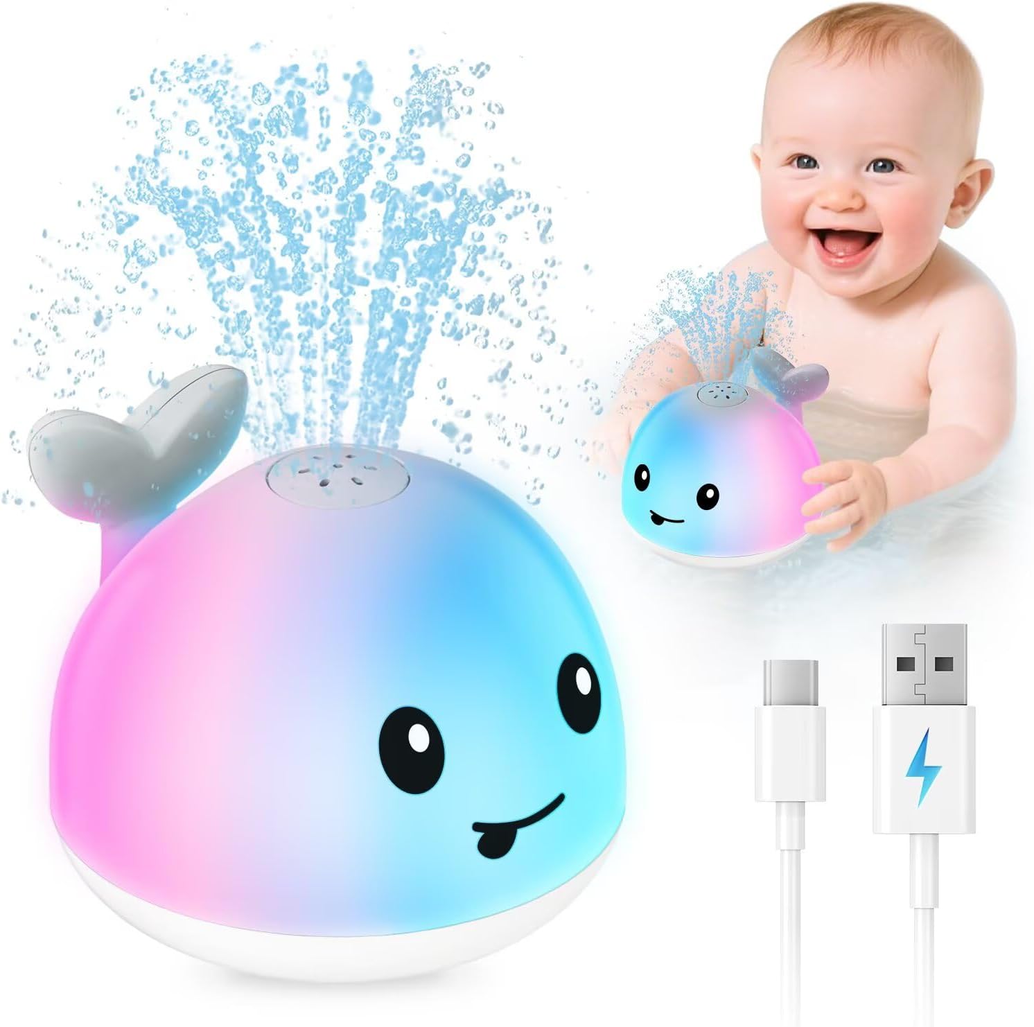 Whale Bath Toy with LED Lights & Water Sprayer – USB Rechargeable Baby Bathtub Toy for Kids Ages 6M-4Y