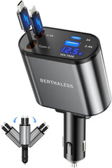 Black 4-in-1 retractable car charger with USB-C and USB-A cables, 4 ports and safety protection