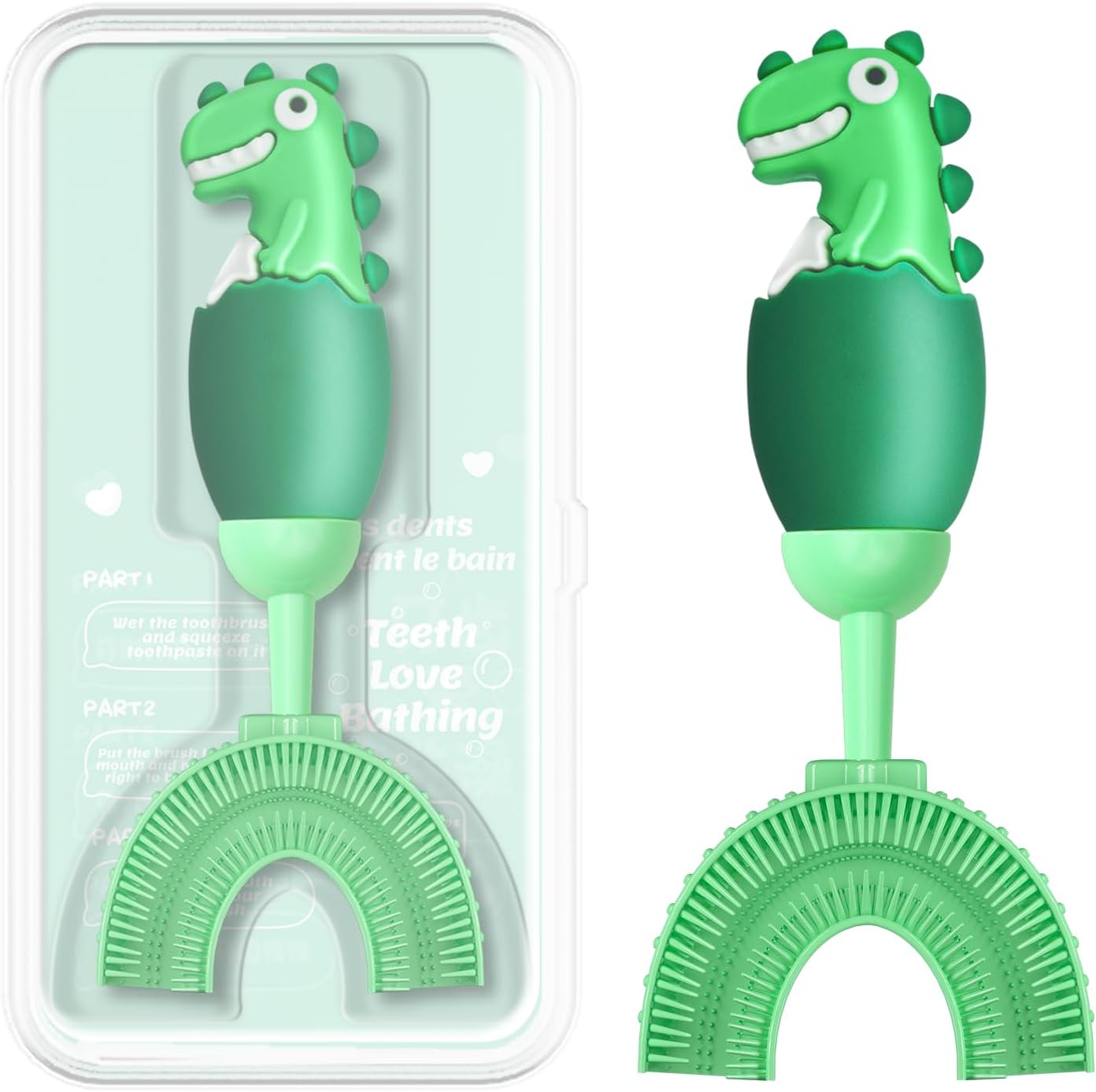 Green U-shaped kids toothbrush with soft silicone 360 degree design for toddlers ages 2 to 7 with sensitive gums