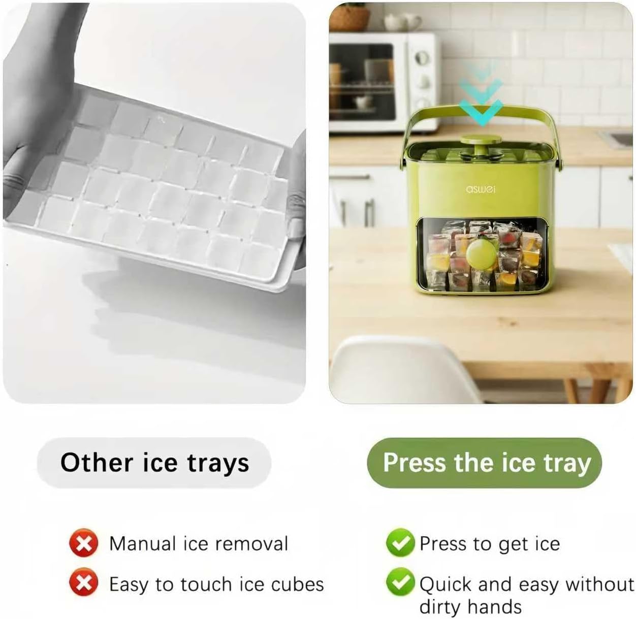 Compact Ice Cube Tray with Lid & Bin – Press-Type Ice Maker Bucket with Tongs (Green)