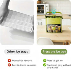 Compact Ice Cube Tray with Lid & Bin – Press-Type Ice Maker Bucket with Tongs (Green)