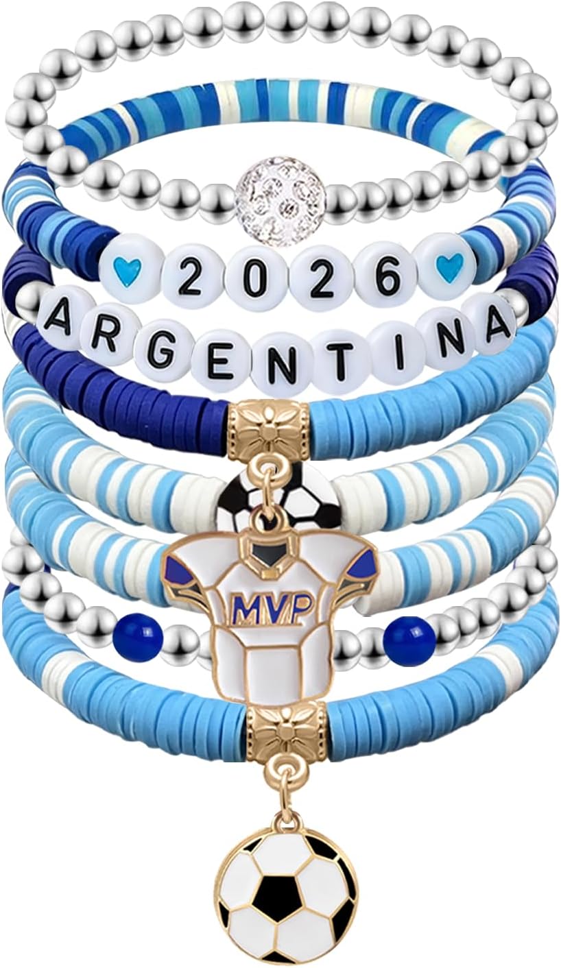 2026 Argentina Soccer Bracelet Set – 8 Piece Stackable Beaded Bracelets with Football Charms, Argentine Flag Colors & Fan Accents | World Cup Argentina Fan Gift