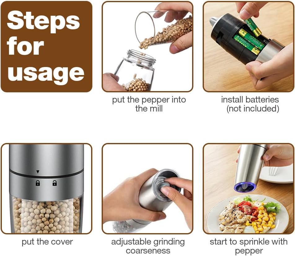 Electric Salt & Pepper Grinder Set – Gravity Sensor Auto Mill with Blue LED Light | Adjustable Coarseness & Large Capacity