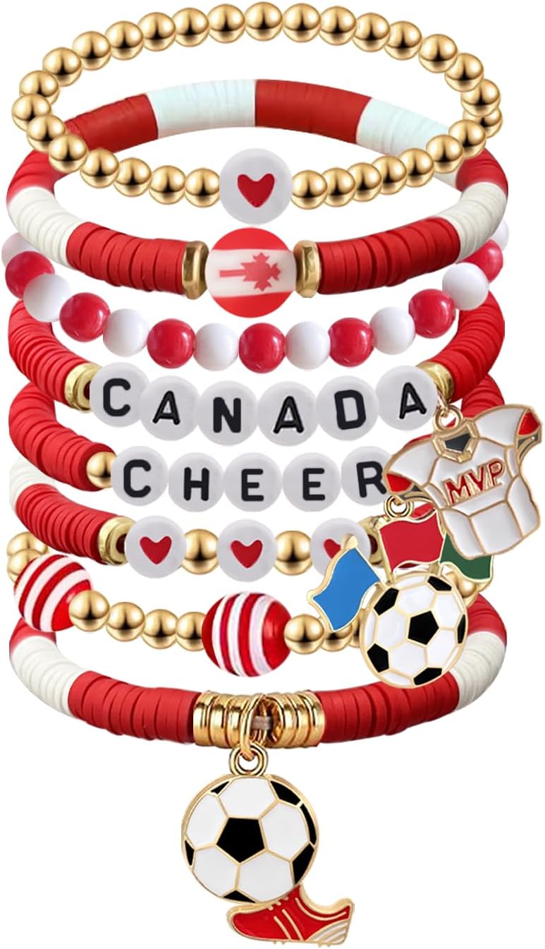 2026 Canada Soccer Bracelet Set – 8 Piece Stackable Beaded Bracelets with Football Charms, Canadian Flag Colors & Fan Accents | World Cup Canada Fan Gift