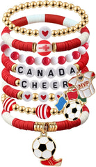 2026 Canada Soccer Bracelet Set – 8 Piece Stackable Beaded Bracelets with Football Charms, Canadian Flag Colors & Fan Accents | World Cup Canada Fan Gift