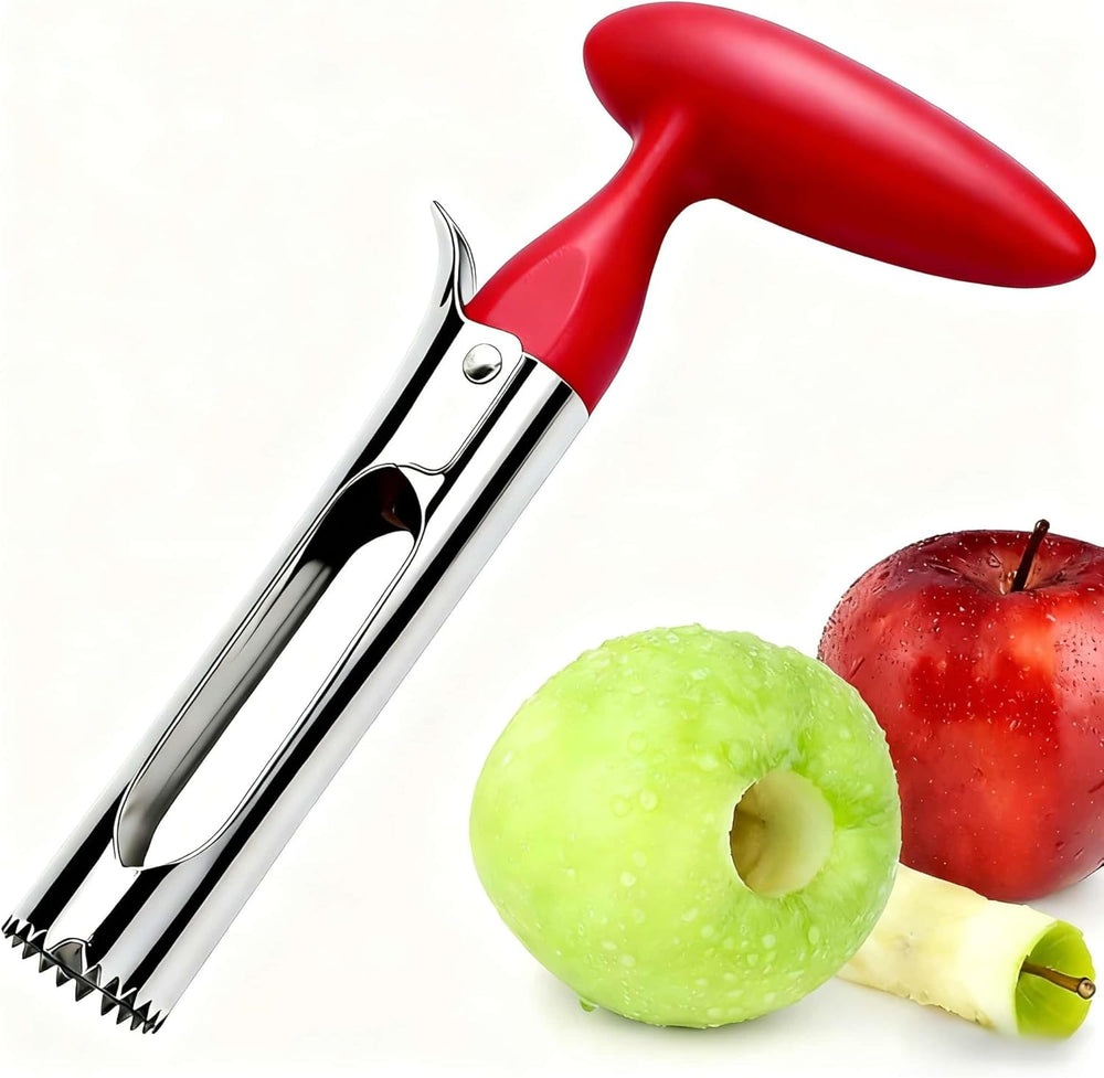 Rust-proof stainless steel apple corer with serrated blade and ergonomic grip handle, 
suitable for Granny Smith, Fuji and Red Delicious apples, dishwasher safe kitchen tool