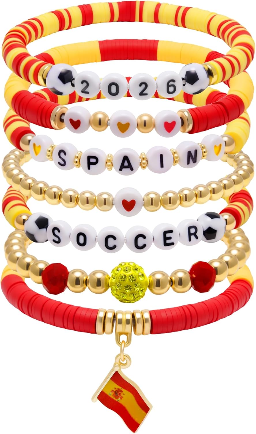2026 Spain Soccer Bracelet Set – 8 Piece Stackable Beaded Bracelets with Football Charms, Spanish Flag Colors & Fan Accents | World Cup Spain Fan Gift