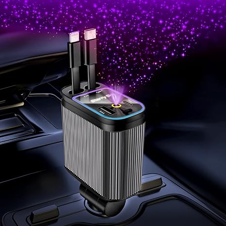 4-in-1 Retractable Car Charger 66W Fast Charging with Starry Sky Light