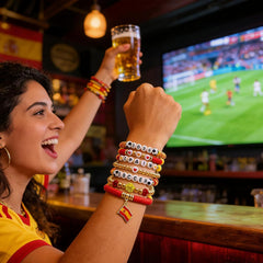 2026 Spain Soccer Bracelet Set – 8 Piece Stackable Beaded Bracelets with Football Charms, Spanish Flag Colors & Fan Accents | World Cup Spain Fan Gift