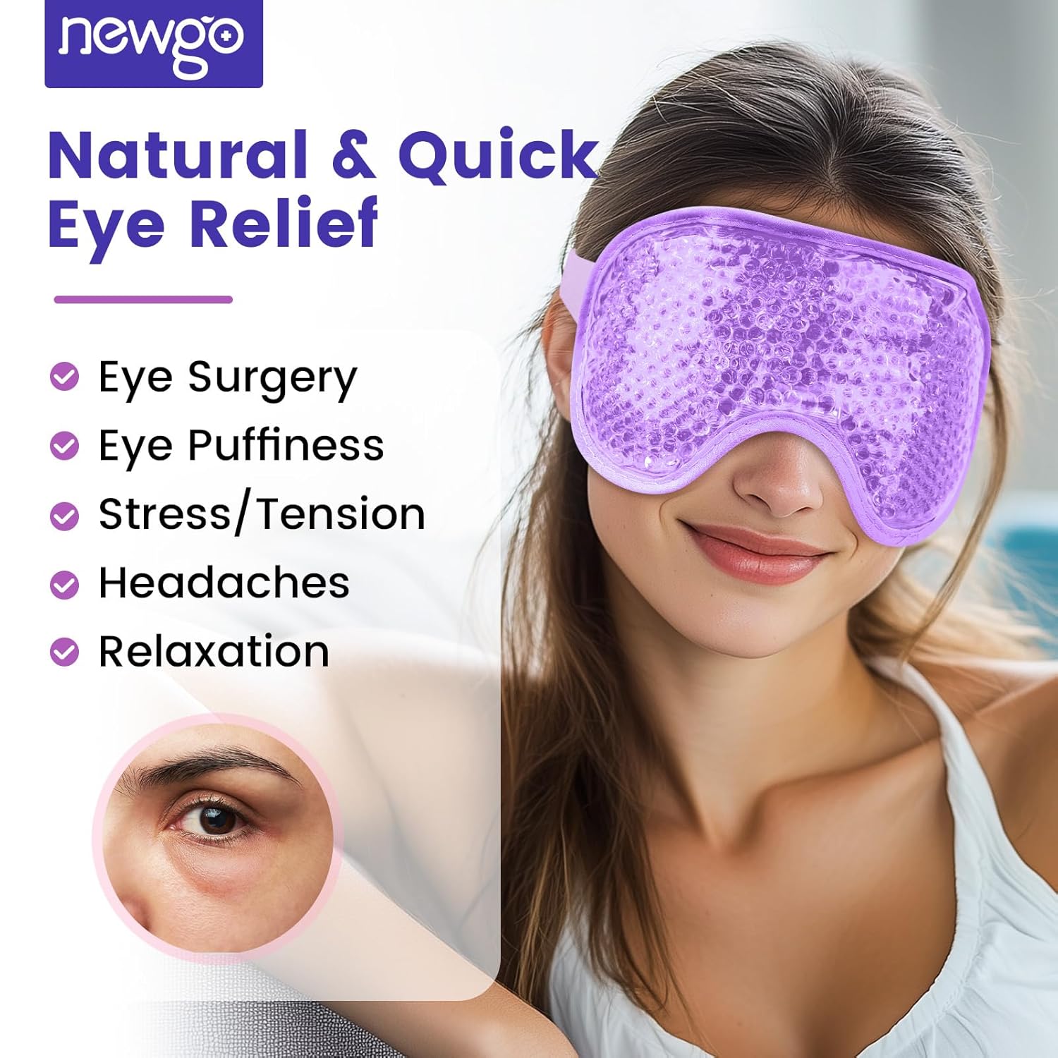 NEWGO Cooling Gel Eye Mask - Reusable Cold Eye Pack for Puffy Eyes, Dark Circles & Headache Relief