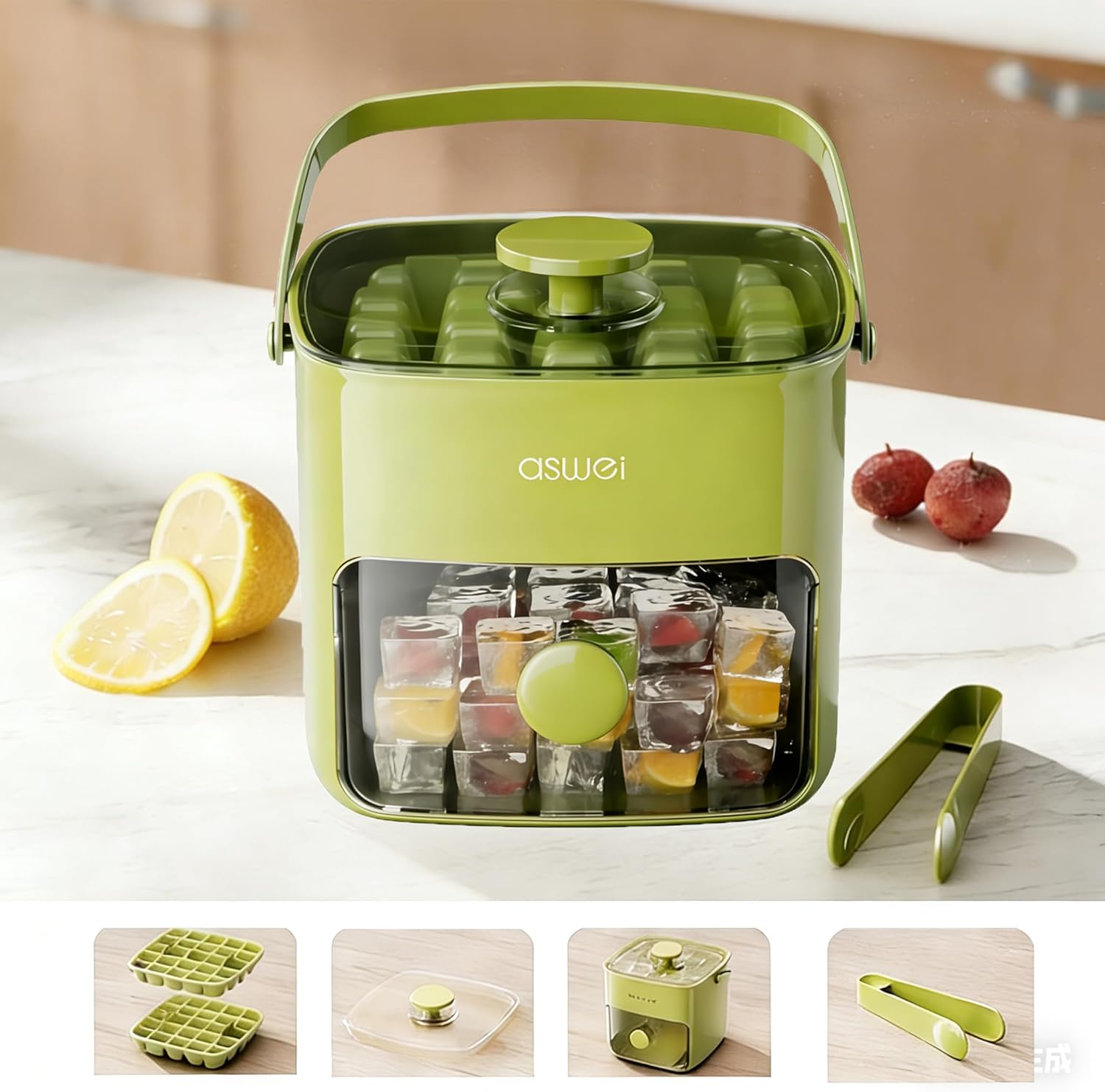 Compact Ice Cube Tray with Lid & Bin – Press-Type Ice Maker Bucket with Tongs (Green)