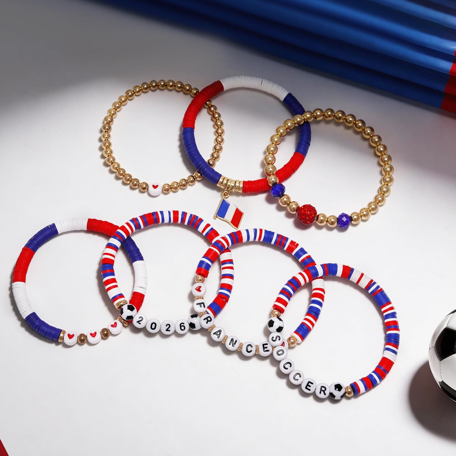 2026 France Soccer Bracelet Set – 8 Piece Stackable Beaded Bracelets with Football Charms, French Flag Colors & Fan Accents | World Cup France Fan Gift