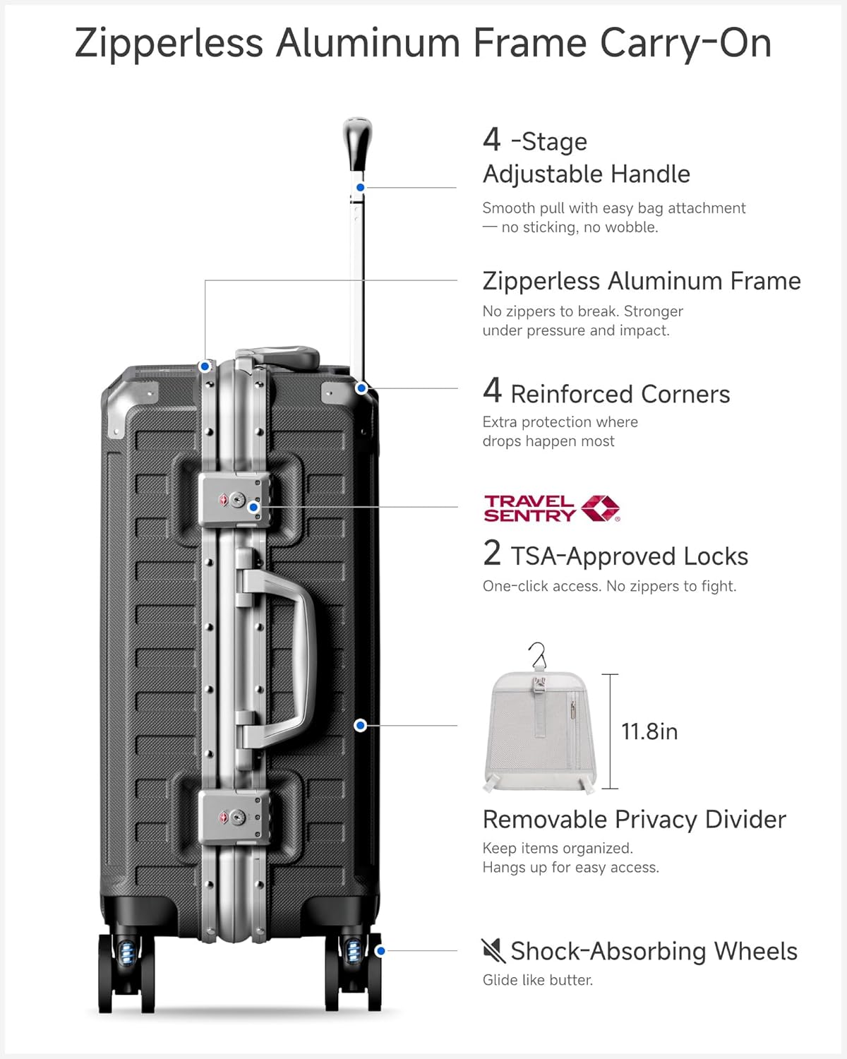 ZX-Core 20-Inch Carry On Luggage - Aluminum Frame Zipperless Polycarbonate Hard Shell Suitcase with Spinner Wheels - Charcoal Metallic