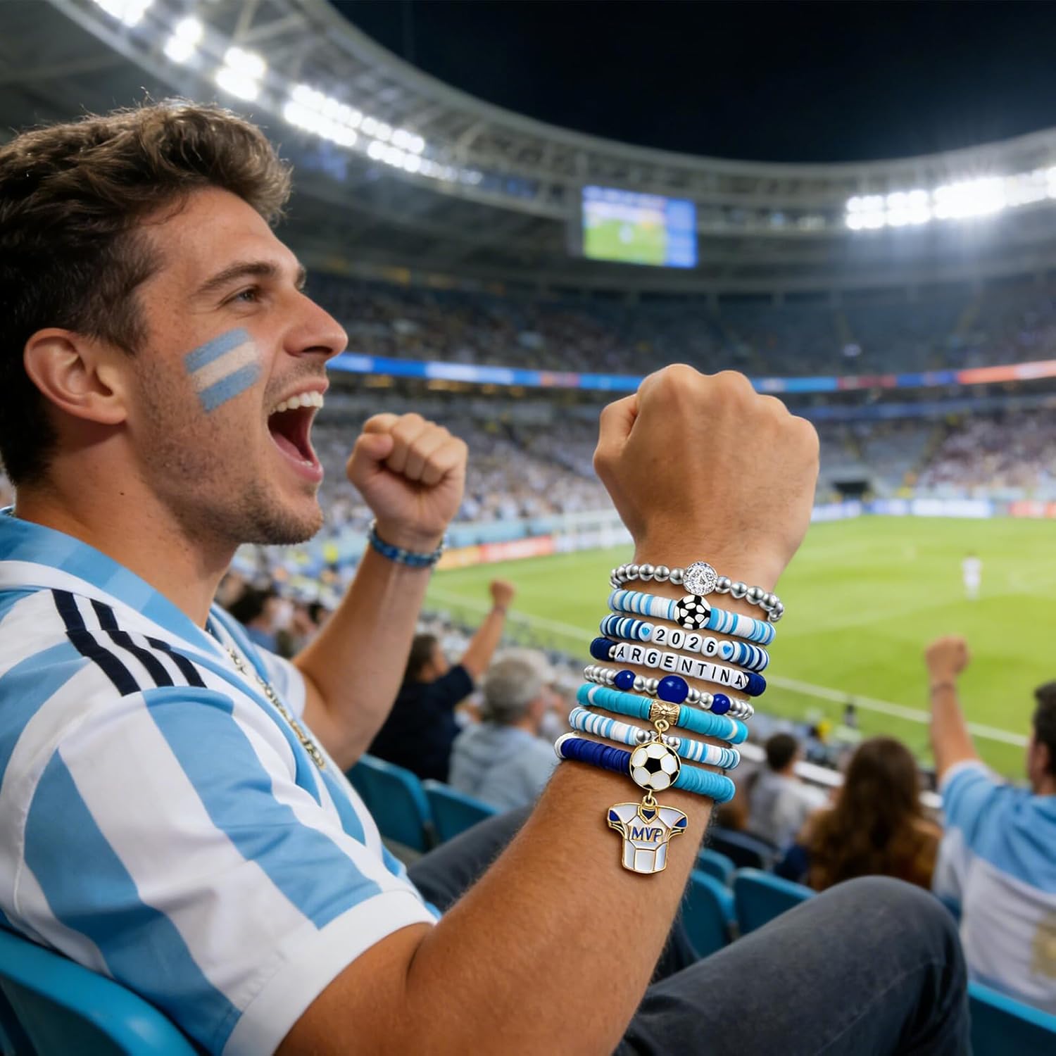 2026 Argentina Soccer Bracelet Set – 8 Piece Stackable Beaded Bracelets with Football Charms, Argentine Flag Colors & Fan Accents | World Cup Argentina Fan Gift