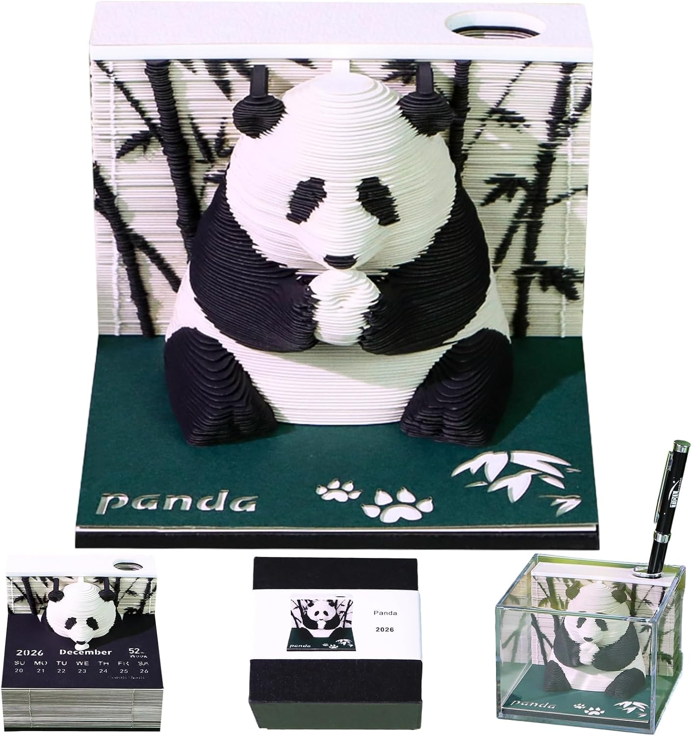 2026 3D Panda Desk Calendar with LED Light - Paper Carving Sticky Note Memo Pad, Creative Desktop Gift
