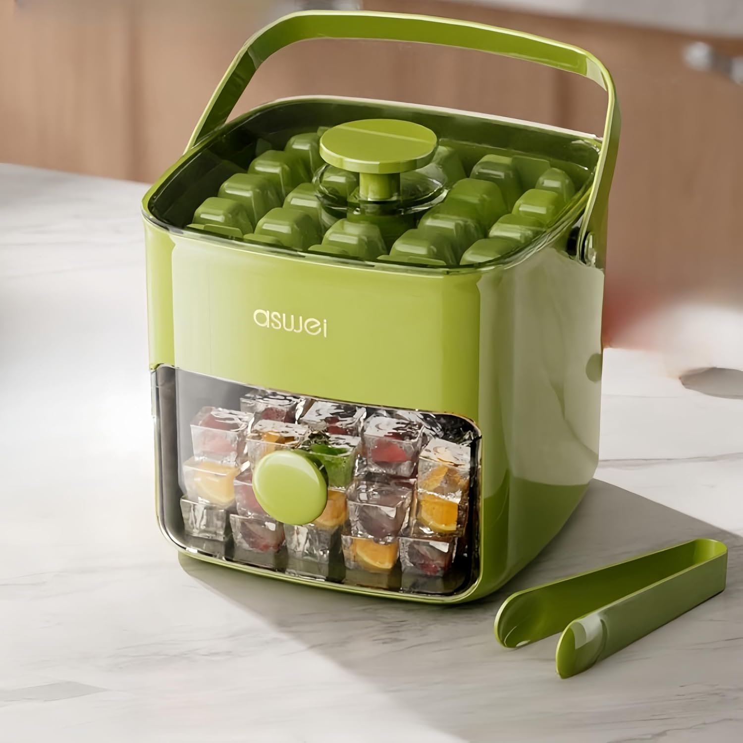 Compact Ice Cube Tray with Lid & Bin – Press-Type Ice Maker Bucket with Tongs (Green)