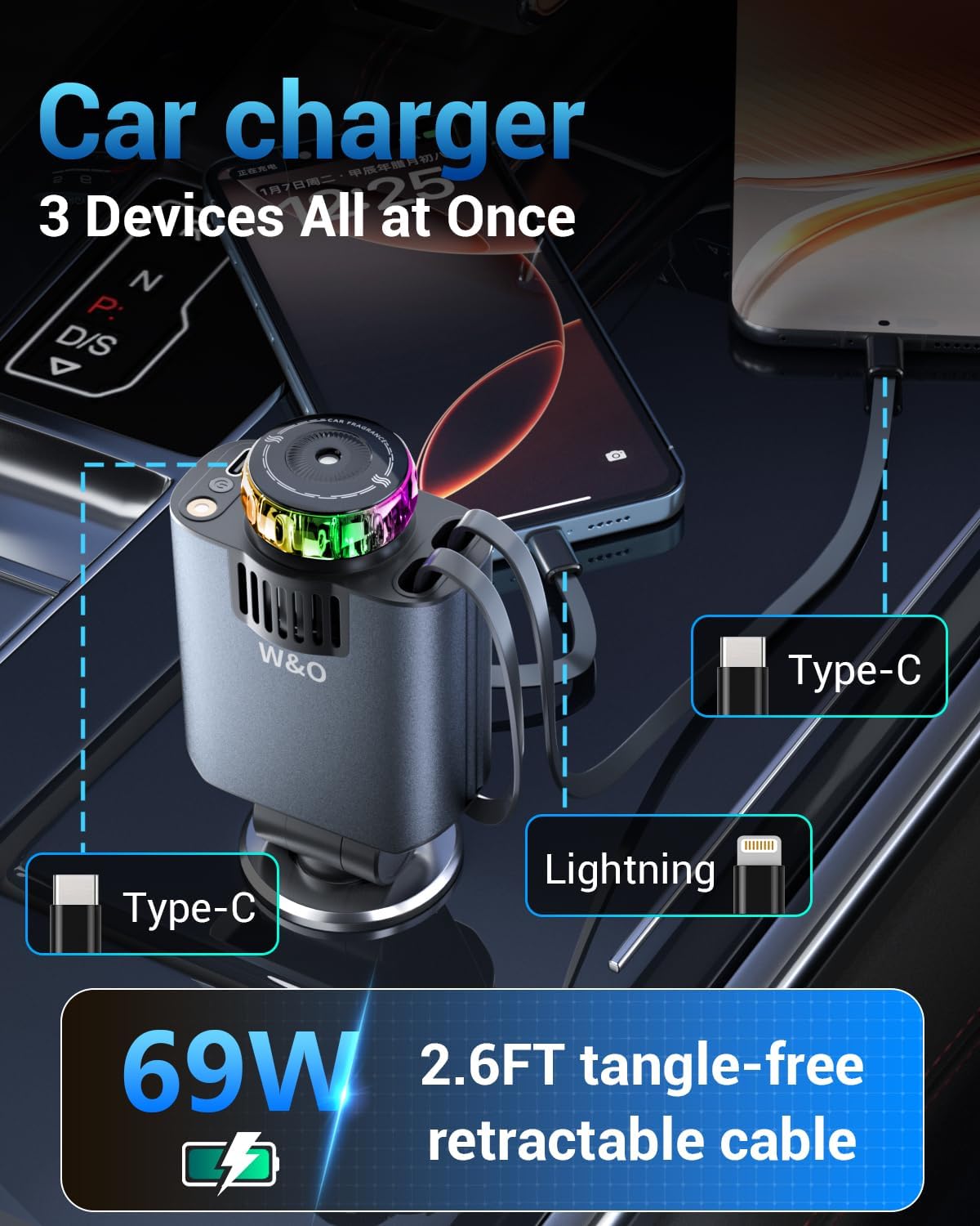 5-in-1 Retractable Car Charger 69W Fast Charging with Starlight & Aromatherapy