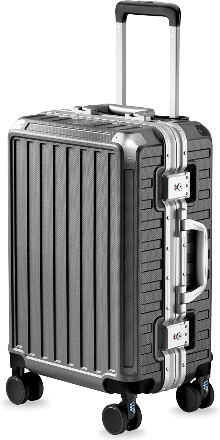 "ZX-Core 20-inch charcoal metallic carry on luggage with aluminum frame"