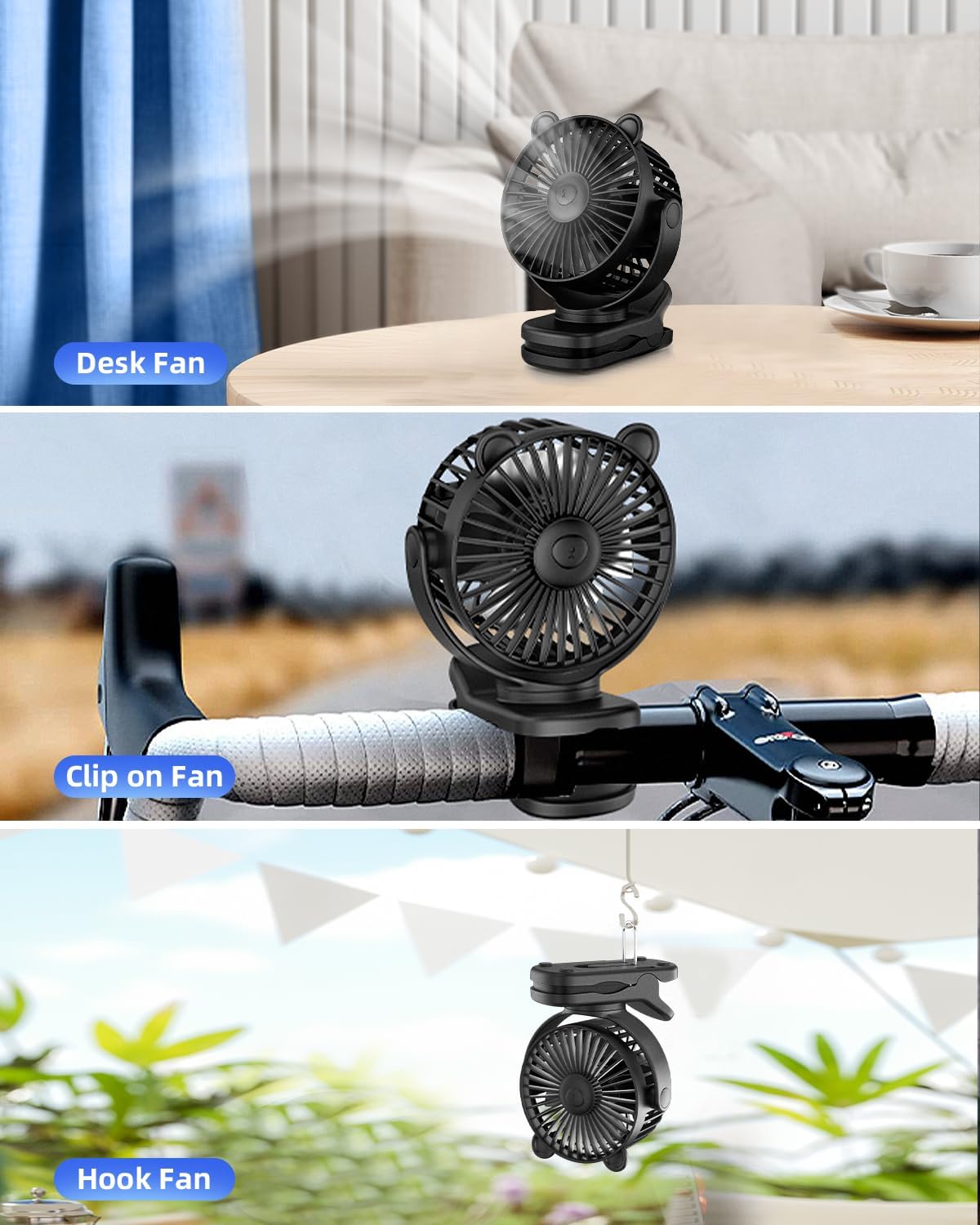 3-in-1 Portable Clip Fan – Rechargeable 2000mAh Desk & Hanging Fan with 360° Rotation | 8H Runtime 3 Speed Settings