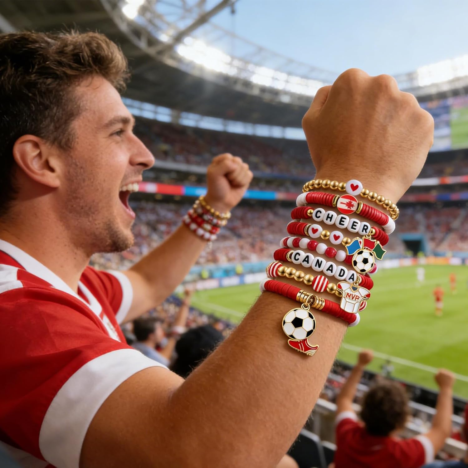 2026 Canada Soccer Bracelet Set – 8 Piece Stackable Beaded Bracelets with Football Charms, Canadian Flag Colors & Fan Accents | World Cup Canada Fan Gift