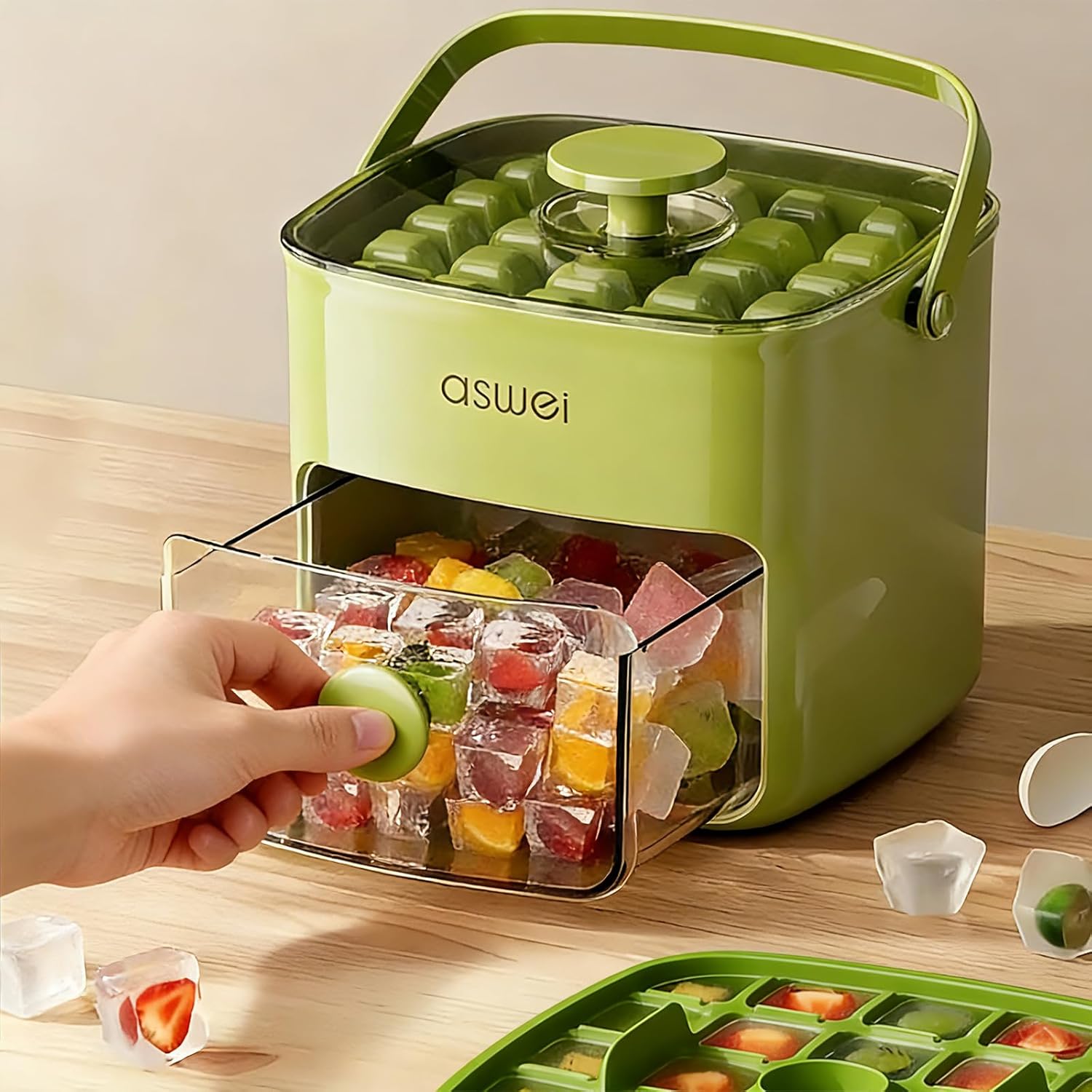 Compact Ice Cube Tray with Lid & Bin – Press-Type Ice Maker Bucket with Tongs (Green)