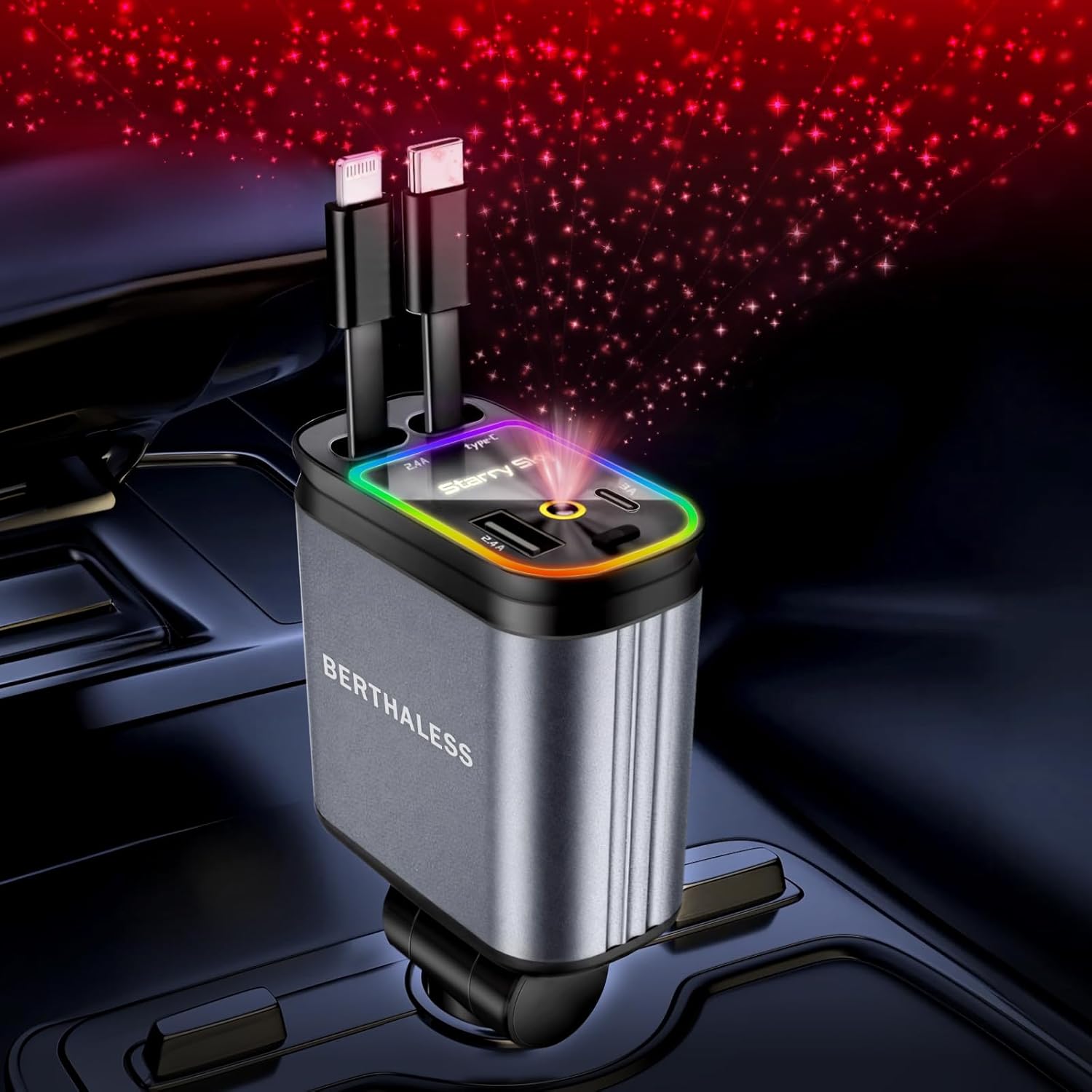 4-in-1 retractable car charger with USB-C and USB-A cables, 4 ports and red starry sky ambient light