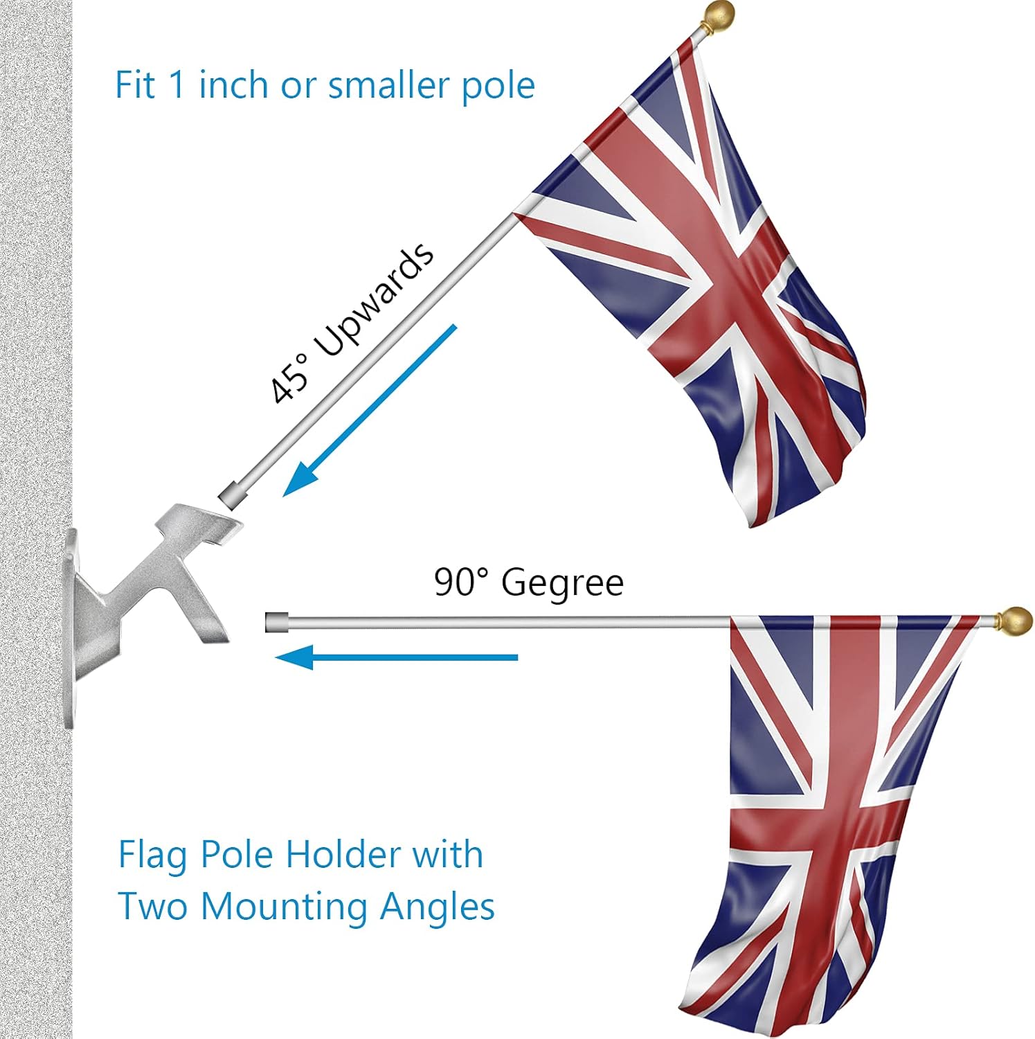 Aluminum Alloy Flag Pole Holder Bracket – 2 Position 45° & 90° Wall Mount | Rust-Proof Heavy Duty Flag Pole Bracket for House Porch & Railing