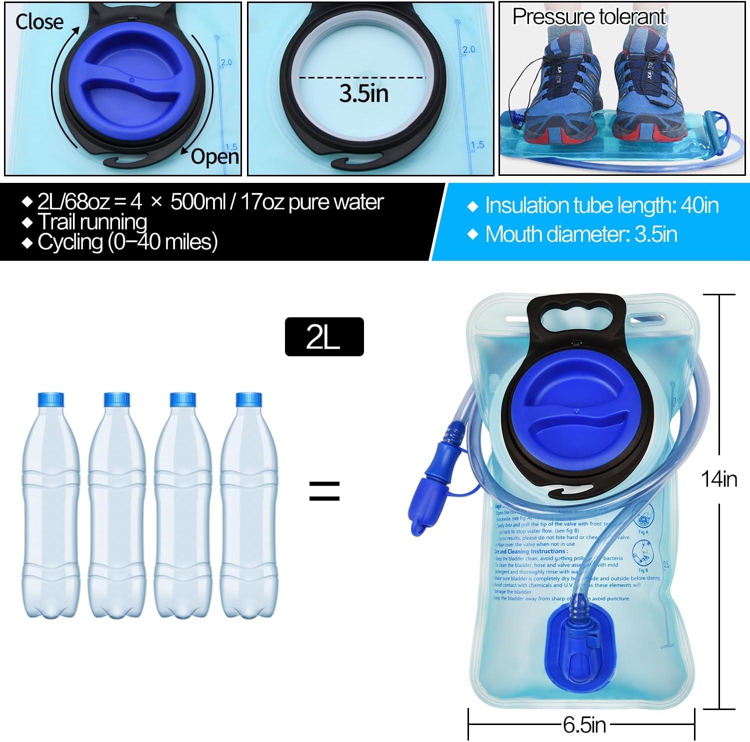 Mdvora Hydration Bladder 1.5L-3L - Large Opening Water Reservoir Bag for Cycling, Hiking & Camping