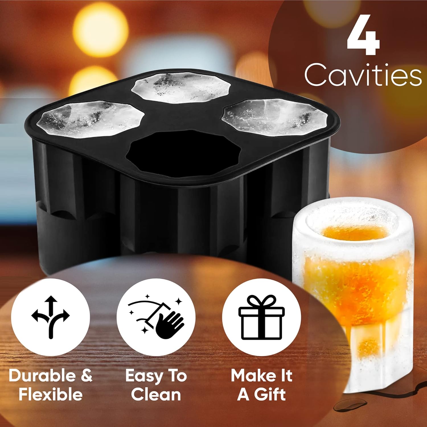 Silicone Shot Glass Ice Mold Tray – Makes 4 Ice Shot Glasses | BPA-Free, Dishwasher Safe | For Whiskey, Cocktails & Jello Shots