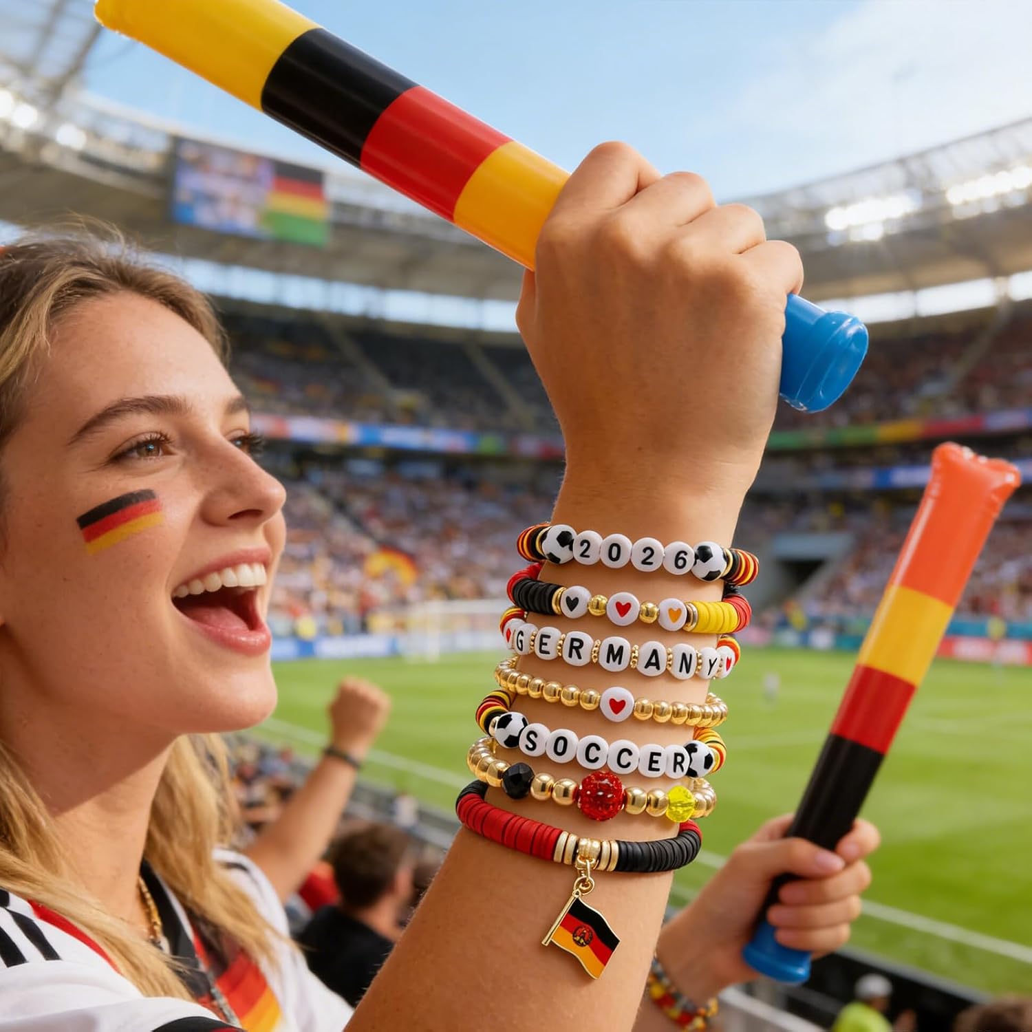 2026 Germany Soccer Bracelet Set – 8 Piece Stackable Beaded Bracelets with Football Charms, German Flag Colors & Fan Accents | World Cup Germany Fan Gift